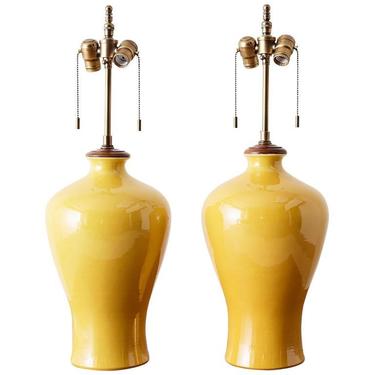 Pair of Chinese Citron Yellow Porcelain Vase Lamps by ErinLaneEstate
