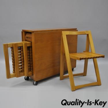 Vtg Hideaway Mid Century Modern Compact Dining Set Gateleg Table 4 Folding Chair