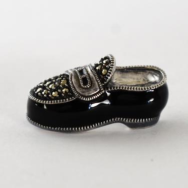 80's Judith Jack sterling marcasite enamel kitsch loafer brooch, clever JJ 925 silver black enamel pyrite novelty shoe pin 
