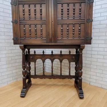Antique Spanish Renaissance Style Carved Walnut Two Section Pedestal Campaign Chest