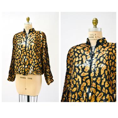 80s 90s Vintage Sequin Jacket Black Large XL with Leopard Cheetah Animal Pattern// Glam Vintage Black Sequin Jacket Animal Modi Large XL 