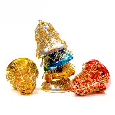 VINTAGE: 6 Metallic Plastic Bell Ornaments - Gold Plastic Pine Mesh Belts - Colorful Bell - Christmas Bells - SKU Tub-393-00012273 