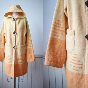 Vintage 1980s Sunshine Yellow and Orange Wool Blanket Coat | S-M | 80s Long Wool Blanket Coat with Hood and Pockets 