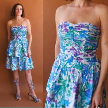 Vintage 80s Floral Cotton Strapless Dress/ 1980s Tiered Sweetheart Neckline Mini Dress/ Size Small 