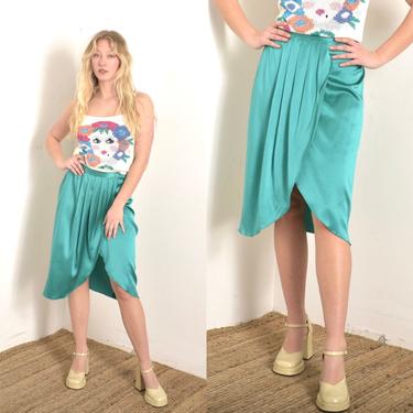 Vintage 1980s Skirt / 80s Turquoise Silk Wrap Skirt / Blue Green ( small S ) 