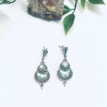 Vintage Abalone and Silver Earrings, Silver Dangle Earrings, Abalone Shell Earrings, Earrings for Pierced Ears, Marcasite Earrings 