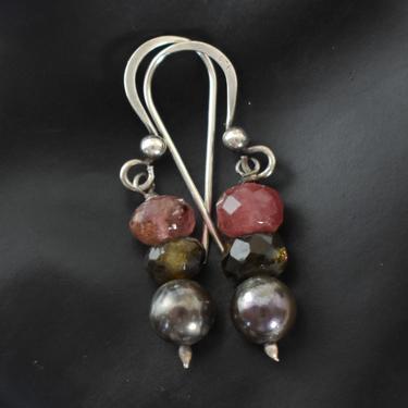 70's sterling peacock pearl pink & green tourmaline minimalist dangles, edgy rondelle beads pearls 925 silver hippie earrings 