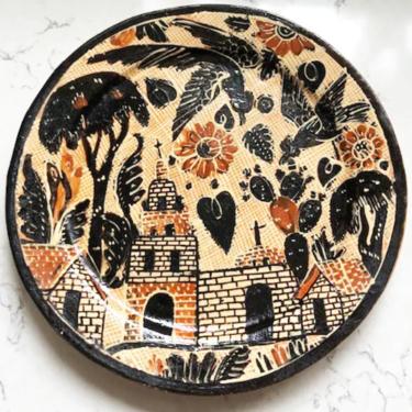 Vintage Mexican Barro Dinner Plate Tlaquepaque Redware Rustic Handpainted Mexican Terra Cotta Plate Hecho En Mexico by Balbino Lucano by LeChalet