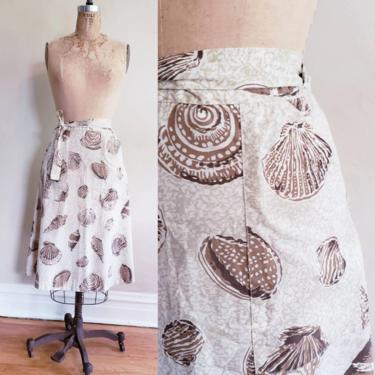 1970s A Line Wrap Skirt Seashell Print / 70s Beige Brown Conch Snail Beach Vacation Graphic Pattern Midi Skirt / Meadowbank / Med 
