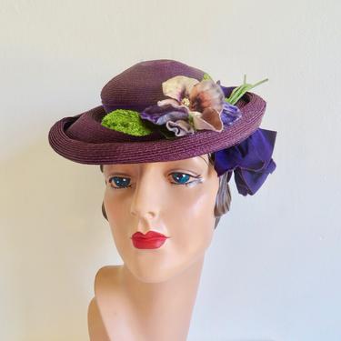 Vintage 1940's Purple Straw Brimmed Tilt Hat with Velvet Pansies Flowers Spring Summer 40's Millinery Sibley Lindsay & Curr Paris 