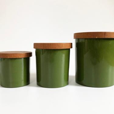 Mid Century Avocado Green Kitchen Canisters / Set of 3 