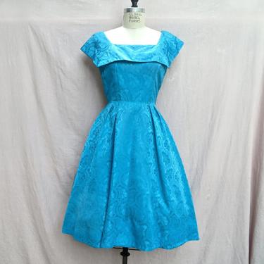 Vintage 1950's Turquoise Blue Brocade Fit and Flare Dress Full Skirt Cocktail Party Rockabilly Swing 27.5&amp;quot; Waist Small Medium 