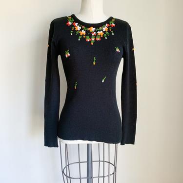 Vintage 1970s Hand Embroidered Black Floral Sweater / S 