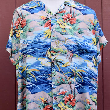 XXXL  Late 50s Rayon Scenic Print Pali Hawaiian / Aloha Shirt Ukulele Surfer Fish 