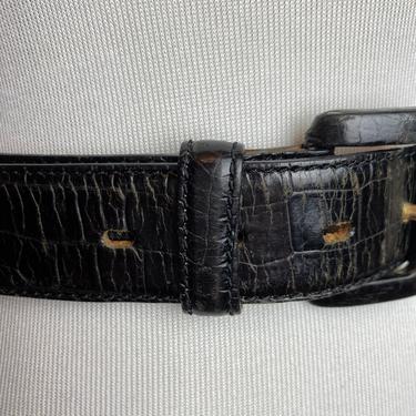 90’s black leather belt~ embossed perforated alligator look~ boho stylish trouser dress belt women’s size Small 25”-28” Waist 