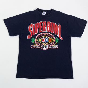 Vintage 1998 Super Bowl XXXII T Shirt - Men's Medium, Women's Large | 90s Navy Blue San Diego NFL Football Graphic Tee 
