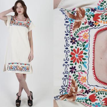 Vintage Cream Mexican Dress, Hand Embroidered Bird Dress, Colorful South American Fiesta Clothing , Womens Waist Tie Mini Sun Dress 