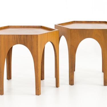 Brutalist Mid Century Walnut Side End Tables - Matching Pair 