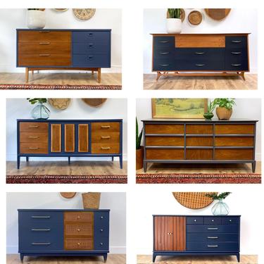 CUSTOMIZABLE FURNITURE - MCM Navy and Wood Dresser is a Sample 