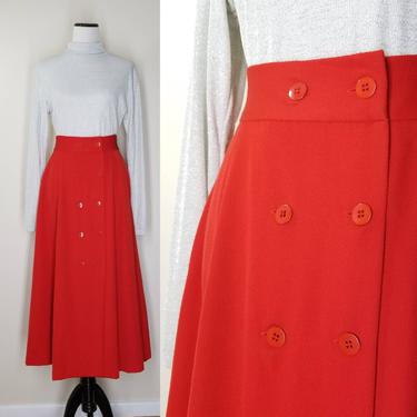 Vintage Red Button Skirt, Medium Large / Wool Twill Christmas Maxi Skirt / Flared 1940s Style Hostess Skirt / Vintage 1970s Walking Skirt 