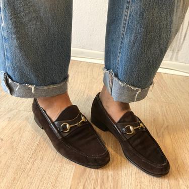 Vintage Gucci Brown Suede Horse Bit Loafers 