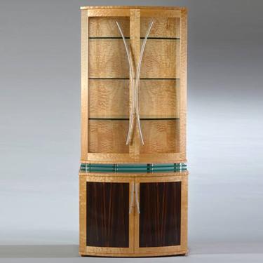 Modern China Cabinet, Art Deco Style Display Cabinet, Quilted Maple, Curved Front, &quot;Levitating&quot; 