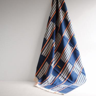 Vintage African Indigo Textile, Indigo Throw Blanket, Indigo Fabric with Blue, Peachy Pink, and White Stripes, 60&quot; x 42&quot; Indigo Textile 