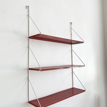 1950s Red &amp; White Perforated Metal Grid Wall Mount Shelf