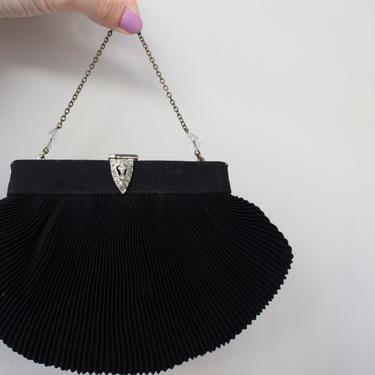 Vintage 50s 60s Black Pleated Chain Strap Mini Clutch Bag 