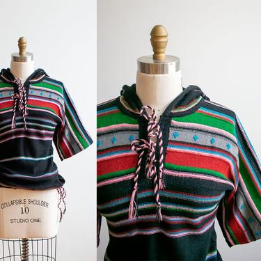 Black 70s Hooded Sweatshirt / Vintage Knit Hooded Pullover / 1970s Hooded Pullover / Vintage 70s Hooded Sweater / 70s  Bell Sleeve Sweater 