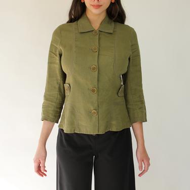 Vintage Y2K Max Studio Olive Green Linen Large Button Blouse w/ Perforated Embroidered Trim | 100% Linen | Designer Marc Jacobs Style Top 