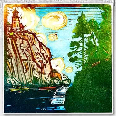 Split Rock Kayaks Giclee Print | Lake Superior Art | Great Lakes Art | Lighthouse Art | Woodcut Art | Cabin Art 
