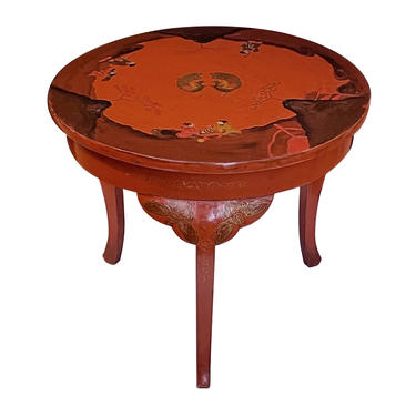 Charming Chinese Red-Lacquered Circular Tripod Side/Drinks Table