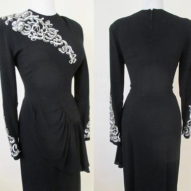 Stunning Classic 1940's Black Crape Gown with a Beautiful Silver Sequin design  Old Hollywood Glamor Size Small 