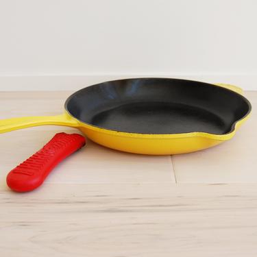 Vintage Le Creuset 12 Inch Yellow Cast Iron Fry Pan/Skillet with Red Rubber Handle Made in France 