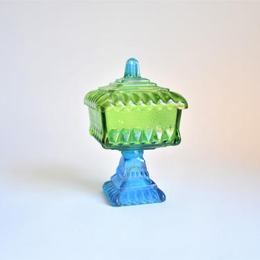 Vintage Jeannette Blue and Green Flashed Glass Candy Dish | Covered compote comport | Boho Shabby Chic | Cheerful Bright Flea Market Decor 