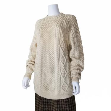 Vintage Long Fisherman's Sweater, Medium Large / Chunky Knit Pullover Sweater / Neutral Beige Cable Knit Sweater / Wool Blend Irish Sweater 