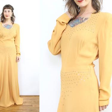 Vintage 1940's Yellow Glam Gown / 40's Rayon Dress with Rhinestones / Hollywood Glamour Dress / Women's Size Medium by Ru
