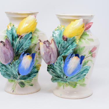Pair of Vintage Italian Porcelain Vases with Applied Tulip Flowers 