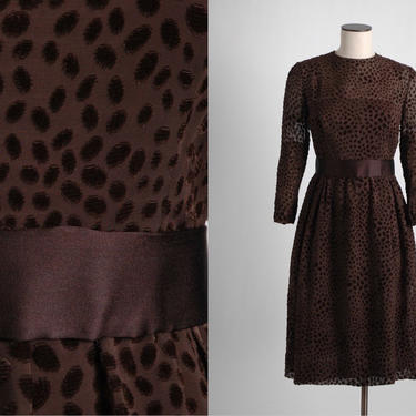 1960s 70s Mollie Parnis Brown Burnout Velvet Dress (Repairs) 