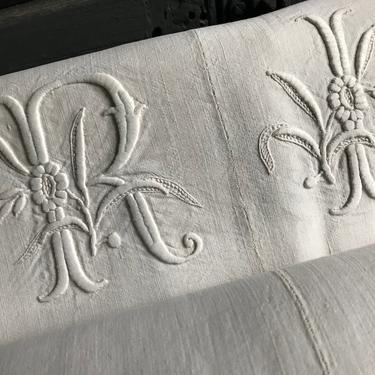 1 19th C Heirloom French Linen Sheet, Hand Embroidered Monogram, 2 Available 