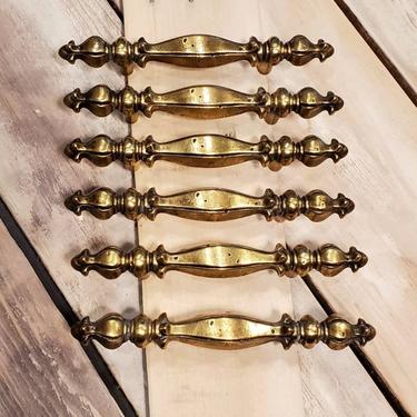 Vintage brass drawer pulls, set of 6 brass  5 3/4 in long handles, 