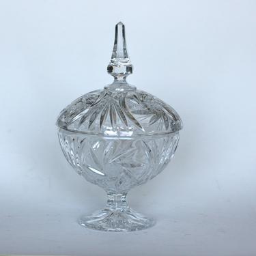 vintage covered crystal footed candy dish pinwheel pattern 