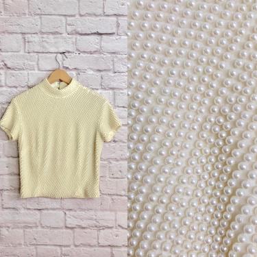 Vintage 1980's Vie by Victoria Royal Mock Neck Pearl Beaded Knit Sweater Top Short Sleeved Blouse Holiday Party Formalwear 