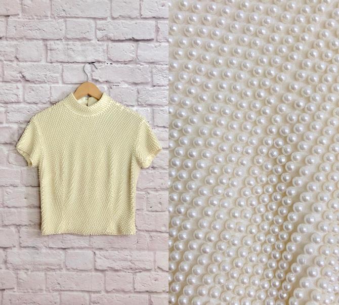Vintage 1980's Vie by Victoria Royal Mock Neck Pearl Beaded Knit Sweater Top Short Sleeved Blouse Holiday Party Formalwear 
