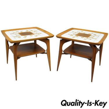 Pair of Mid Century Danish Modern Walnut &amp; Tile Dish Top Sculptural End Tables