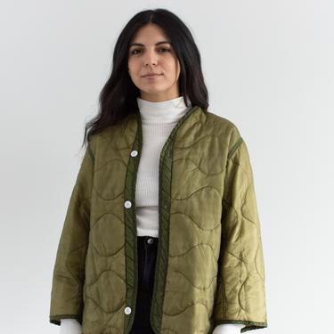 Vintage Green Liner Jacket | White Buttons | unisex Wavy Quilted Nylon Coat | L | LI073 