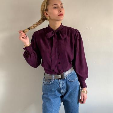 80s Emanuel Ungaro ascot silk blouse / vintage Ungaro Parallele plum silk crepe snakeskin puff sleeve pussybow blouse | S 