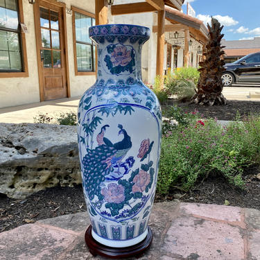 Large Chinese Rose Famille Porcelain Floor Vase, Decorated in Birds, Peacocks, Florals 