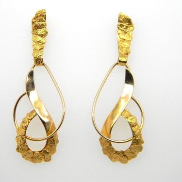 Vintage Placer Gold Natural Nugget 24k Pierced Drop Dangle Earrings 14k Yellow Gold Base Modernist Swirl 